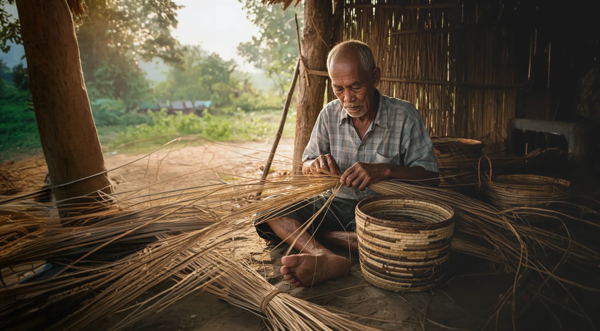 Artisan weaving baskets outdoors